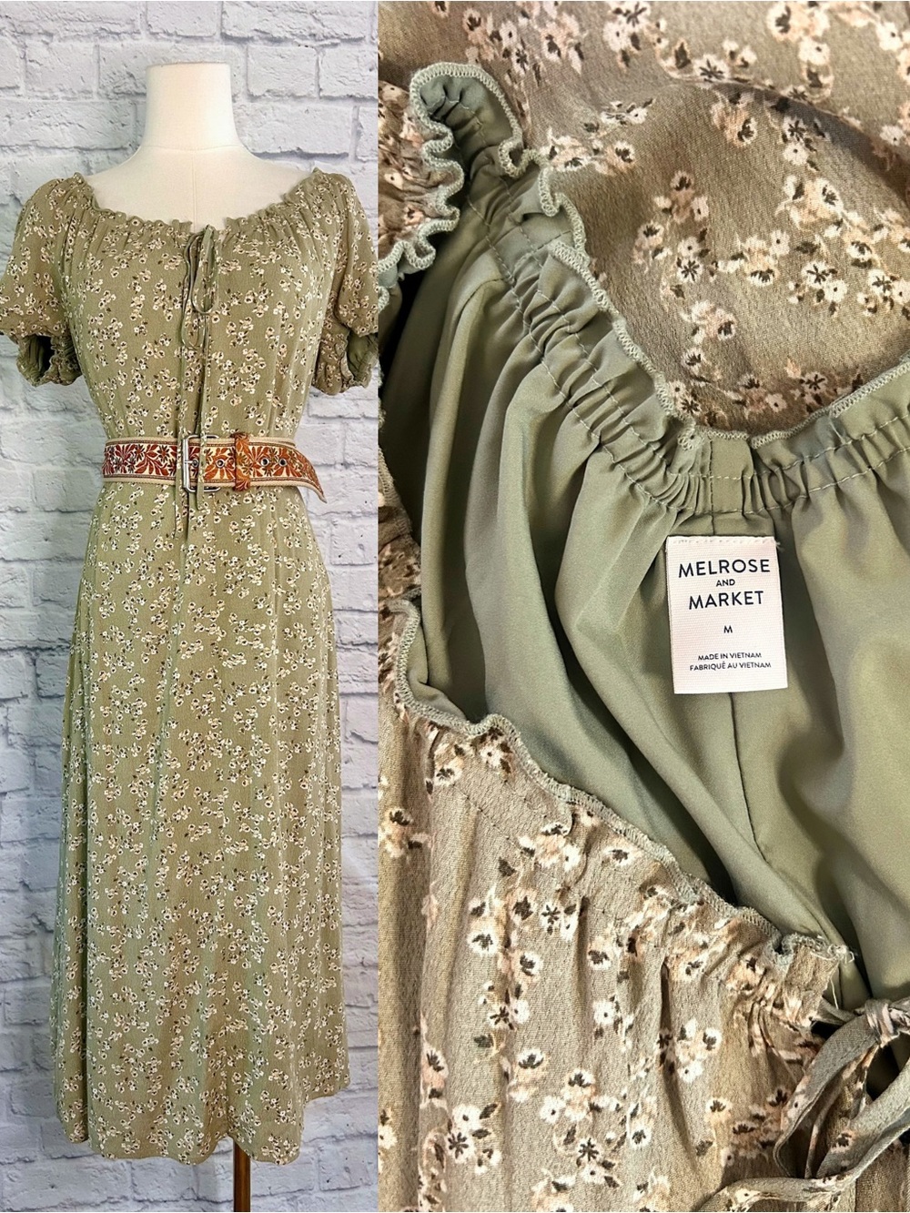 Melrose & Market Olive Green Floral Peasant Midi Dress Cottagecore Fairy Garden